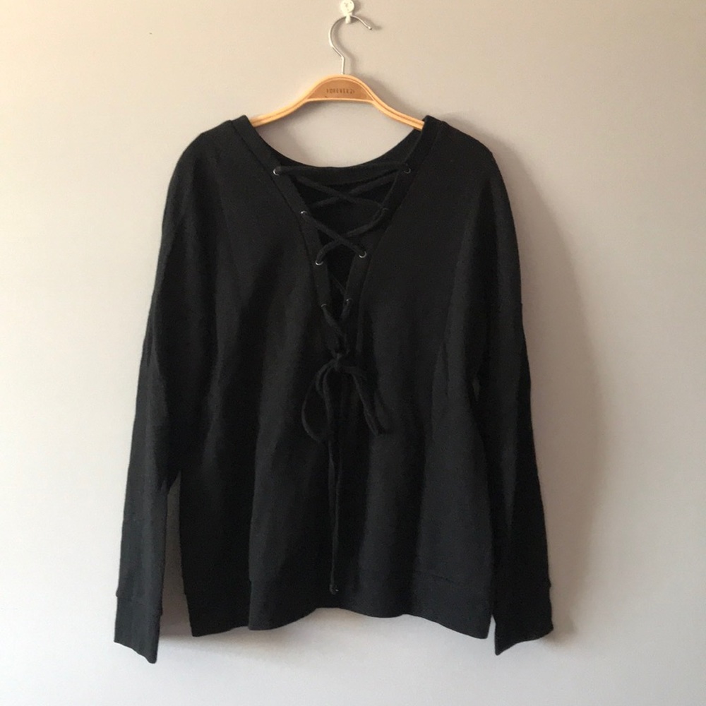 Crew Neck Sweater with Lace Up Back